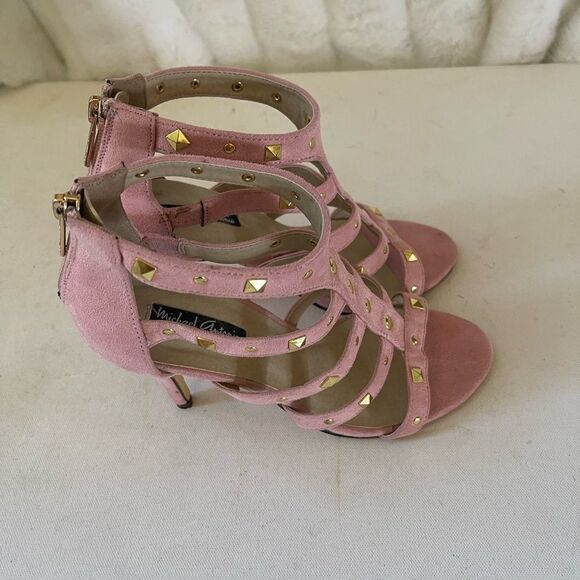 Michael Antonio light pink faux suede gladiator heels with gold tone studs SZ8 - Picture 3 of 13